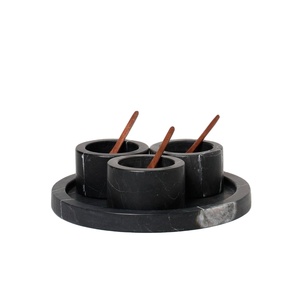 Ensemble de bols en marbre noir de qualité supérieure avec base ronde, support à trois compartiments pour condiments, ensemble de service moderne, distributeur de sel et d'épices, plateau de table de luxe - Product Image 1