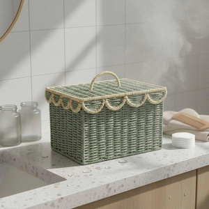 <b>Rectangular</b> Natural Paper <b>Storage</b> <b>Basket</b> With Handle For Bathroom Organization Nordic Style Nice Scallop Trims - Product Image 1