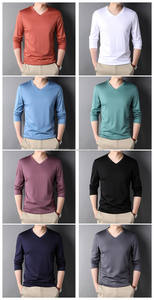 Brand New 100% Cotton V-neck <b>T</b>-<b>shirt</b> High Quality Blank Casual Knitted <b>Men</b> <b>Long</b>-<b>sleeved</b> Solid Color Breathable - Product Image 6
