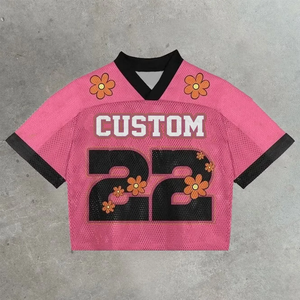 Custom Pink Mesh Soccer Jersey V-Neck Short Sleeve Unisex Breathable Flower Print 22 Number Sublimated Design - Product Image 1