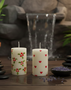 Ensemble de 2 bougies pilier imprimées de baies de houx et de cœurs, vente en gros pour la décoration de la maison, du patio et des événements, fabriquées à la main. - Product Image 2