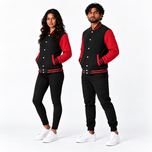 Unisex <b>Black</b> <b>Red</b> <b>Varsity</b> <b>Jacket</b> Solid Color Button Closure Regular Fit Polyester Cotton Outerwear Autumn Wear - Product Image 1