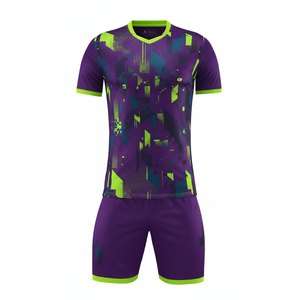 Camiseta de Fútbol Geométrica Morada y Verde para Hombre, Manga Corta, Cuello en V, Poliéster que Absorbe la Humedad, Ropa Deportiva para Todas las Temporadas - Product Image 1
