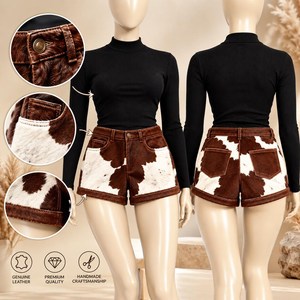 Pantalones Cortos de Verano de Cuero para Hombre, de Lujo, Personalizados, Hechos a Mano, Casuales, Holgados, Transpirables, de Lona con Pelo de Vaca, Tejidos, Estilo Bermuda - Product Image 3