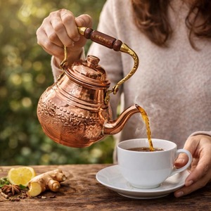 Bouilloire à thé vintage de luxe en cuivre avec long bec courbé, poignée classique en cuivre, couvercle assorti, design et motif traditionnels arrondis - Product Image 3