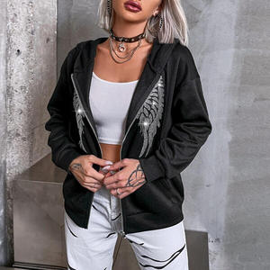 Sudadera con capucha y cremallera para mujer, negra, con lentejuelas y alas, logo frontal, de secado rápido, corte regular, tejido de punto, ropa casual de otoño, 100% algodón - Product Image 4