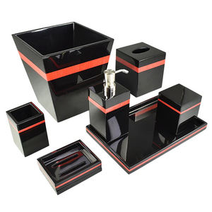 Premium Black Lacquer <b>Bathroom</b> <b>Accessories</b> <b>Set</b> with Red Stripe Accent Modern Luxury Soap Dispenser <b>Set</b> Hotel Supply Wholesale - Product Image 1