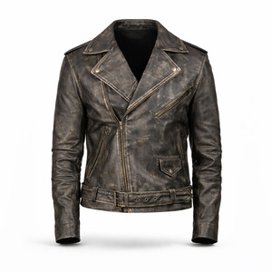 Unisex Vintage Style Genuine Leather Streetwear <b>Jacket</b> Distressed Black Waterproof Breathable Eco-Friendly Windproof Bomber - Product Image 1