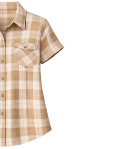 Chemise boutonnée à manches courtes pour femme, à carreaux beige et marron, décontractée, légère, respirante, avec poche, pour l'été - Product Image 3