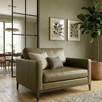 Sofá Cama Moderno de Cuero Genuino Verde Oliva con Estructura de Madera Sólida, Diseño Ecológico para Sala de Estar y Uso en Hoteles