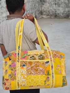 Handmade Floral Patchwork Duffel <b>Bag</b> <b>Yellow</b> Large Capacity Travel Weekender Textile Zipper Closure - Product Image 6