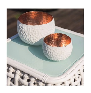 Modern White and Copper Bowl | Hammered Honeycomb Ceramic <b>Matte</b> Exterior Decorative Bowls for Living Room <b>Table</b> Decor - Product Image 3