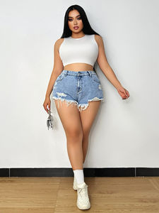 Shorts en jean décontractés pour femmes, taille haute, effet usé, fermeture boutonnée, Bermuda, tissu doux et résistant - Product Image 4