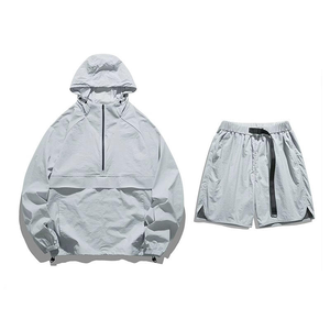 New Custom Woven Satin Polyester/Cotton Winter Casual Windbreaker <b>Set</b> for <b>Men</b> Quick Dry Solid Color Zip-Up <b>Hoodie</b> & <b>Shorts</b> - Product Image 2