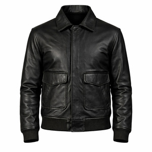 Veste bomber en cuir noir pour homme, ourlet côtelé, poche avant classique, manteau d'hiver décontracté - Product Image 1