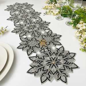 Red Gold Poinsettia Modern Floral Embroidered Beaded Cutwork Table Runner Linen Christmas Holiday Decor Wholesale OEM ODM - Product Image 5