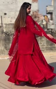 Ensemble Salwar Kameez brodé rouge pour femmes, robe ethnique avec dupatta en filet pour mariage, fête, Diwali - Product Image 3