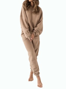 Women Solid Color Crew Neck <b>Tracksuit</b> Set Full Length Side Pockets Elastic Waist Loose Fit Casual Autumn Wear 100% Cotton - Product Image 1