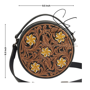 SEHRAINN Genuine Leather Round Crossbody Bag Bohemian Floral Tooled Design Large Capacity Women's Shoulder Bag - Product Image 2