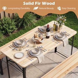 47\" Solid Fir Wood Outdoor Dining Set with 2 <b>Foldable</b> Benches Sturdy Metal Frame Picnic <b>Table</b> for Patio <b>Garden</b> or Backyard - Product Image 6