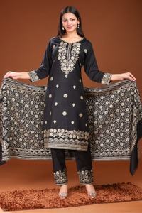 Conjunto de Salwar Kameez de Lana con Bordado Floral Negro y Chal para Mujer, Ropa Casual Tradicional Estilo India Pakistán para Fiestas y Bodas - Product Image 6