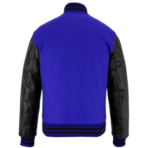 Blouson universitaire pour homme à col montant, en polaire bleue avec manches en cuir noir, très populaire, chauffant pour l'hiver, idéal pour les jeunes et les adolescents - Product Image 5