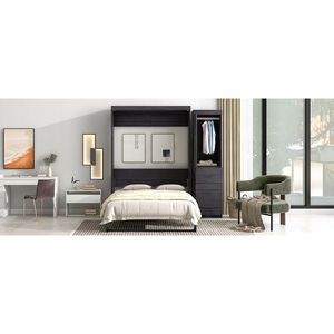 Lit Murphy gris pleine taille avec armoire et tiroirs, armoire de rangement pliable - Product Image 6
