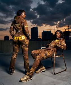 Wholesale Women Brown Camo Print Two Piece Set Slim Fit Hooded Jacket Flare Leg Sweatpants <b>Y2K</b> Streetwear Activewear <b>Tracksuit</b> - Product Image 2