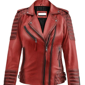 Chaqueta de Motociclista Personalizada para Mujer, Color Rojo Quemado, Chaqueta de Moto de Piel de Cordero Genuina y Suave - Product Image 1