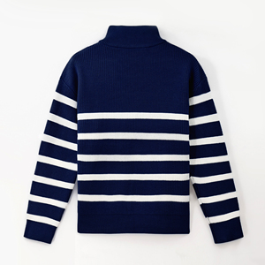 Pull en maille rayé bleu marine pour homme, col montant, coupe droite, manches longues, style nautique, idéal pour l'automne - Product Image 2