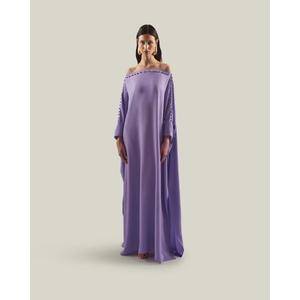 Robe longue élégante violette asymétrique en satin à épaules dénudées, coupe trapèze, manches longues, couleur unie, confortable, toutes saisons - Product Image 1