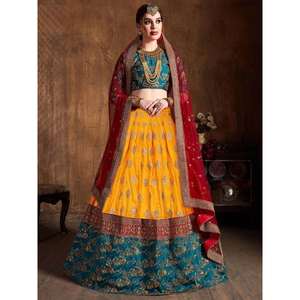 Soie Banarasi brodée vert sarcelle et jaune Lehenga Choli - Product Image 6