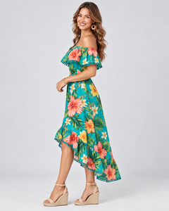 Off The Shoulder Floral Print Chiffon Dress With Ruffles Tea-Length A-Line Casual Vacation Style For Adults wholesale - Product Image 3