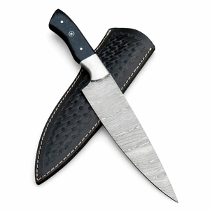 Couteau de chef ambidextre moderne fait main Edge Master Manufacture, en acier Damas, manche en corne noire, étui en cuir, compatible lave-vaisselle - Product Image 1