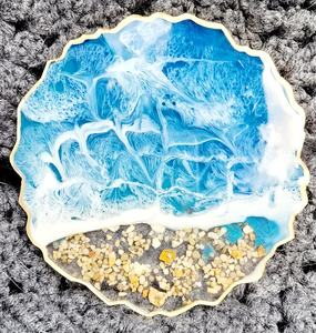 Beach inspired resin Handcrafted <b>Blue</b> Resin <b>Coasters</b> with Gold Accents - Elegant Decorative <b>Coaster</b> Set for Table and Home Decor - Product Image 1