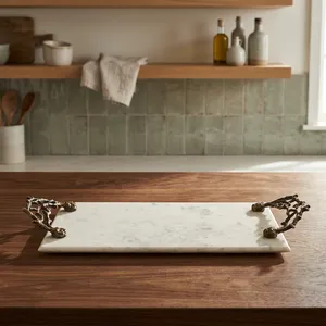 Rectangular Marble Storage Tray With Bronze Coral Handles <b>Rustic</b> Design Tabletop Accessory For Living Room - Product Image 5
