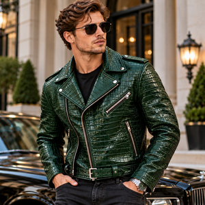 Mens Green for Embossed Leather Biker <b>Jacket</b> | Premium Breathable Motorcycle <b>Jacket</b> <b>with</b> <b>Zipper</b> <b>Pockets</b> Vintage Design - Product Image 1