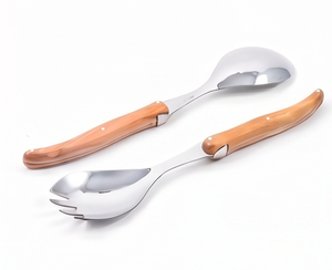 Ensemble de cuillères à salade en acier inoxydable avec manches en bois, finition miroir haute brillance, design minimaliste, passe au lave-vaisselle, pour usage professionnel. - Product Image 1