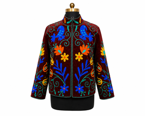 Bird Embroidery Bomber Jacket Handmade <b>Needlework</b> Women Rust Velvet Party Wear Masterpiece Cotton Lining Side Pockets Coat - Product Image 1