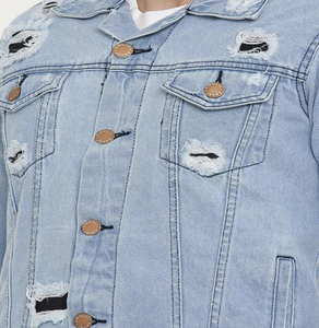High Street Men's Top Selling Denim Jacket 100% Cotton Washable Fitted Ripped Design Snap Collar Hand <b>Warmer</b> Pockets for Winter - Product Image 3