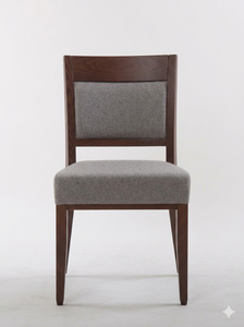 Chaise de salle à manger moderne en bois avec assise et dossier rembourrés en tissu gris, structure en bois massif finition noyer, chaise de cuisine pour la maison - Product Image 4