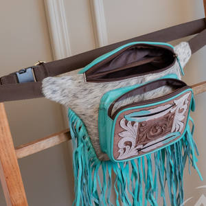 New Fashion Tooled Hair-On Genuine Leather Women Fanny Pack Western Turquoise Floral Cowhide Bum Bag Cowgirl Waist <b>Pocket</b> <b>Belt</b> - Product Image 6