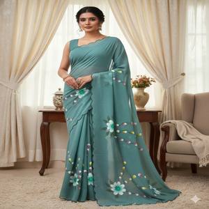 VASTRA COTTAGE Saree Premium de Georgette con Borde Pintado a Mano con Estampado Floral, Elegante Vestido de Fiesta Estilo Bollywood - Product Image 5