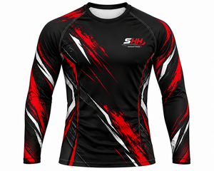 Camiseta de Compresión de Manga Larga Personalizada para Hombre, Negra, Roja y Blanca, con Estampado Abstracto de Pinceladas, para MMA, BJJ, Grappling, Artes Marciales y Entrenamiento - Product Image 1