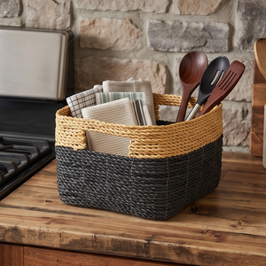 Stylish Handwoven Two Tone <b>Storage</b> <b>Basket</b> <b>Large</b> Rectangular Black Natural Closet Organization Pantry Toy Container With Handles - Product Image 4