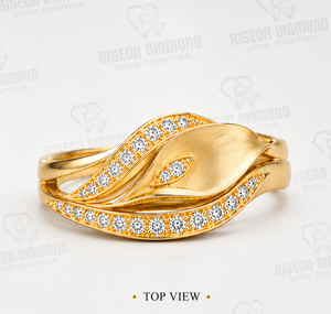 Bague de luxe en or jaune 14 carats avec feuille de diamant, sertie pavé élégante, bande organique, bijoux fins pour femme, déclaration de mode, bague personnalisée, cadeau - Product Image 4