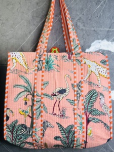Jungle Print Tote <b>Bag</b> | Quilted Cotton Shoulder Tote <b>Bag</b> | Handmade Peach Safari Animal Print <b>Bag</b> | Large Space Tote Travel <b>Bag</b> - Product Image 6