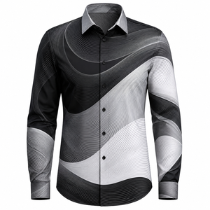 Camisa de Vestir para Hombre con Estampado Geométrico, Manga Larga, Cuello Clásico, Antiarrugas, Estilo Casual Elegante, Poliéster Popelina, Estilo Primavera - Product Image 1