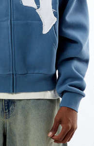 Wholesale Custom <b>Slate</b> Blue LA Raw Applique Full Zip Unisex Hoodie Breathable Cotton Blended Streetwear Distrust Hoodie For Men - Product Image 5