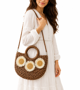 Bolso de Playa de Rafia Tejido a Mano de Lujo Personalizado con Diseño de Girasol y Margarita, Bolso de Hombro Cruzado de Media Luna con Correa para Mujer, Regalo de Verano - Product Image 2